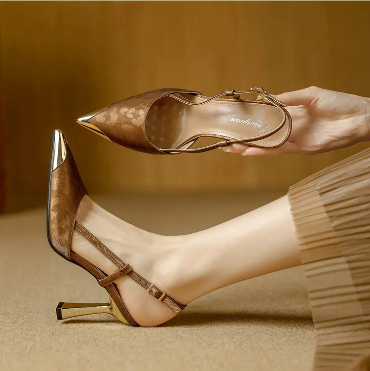 Women's Pumps Sexy Stiletto Sandals Fashion Metallic Pointed Toe Rear Hollow Out High Heels Single Shoes Lady Sandals