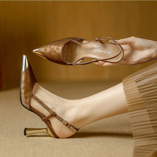 Women's Pumps Sexy Stiletto Sandals Fashion Metallic Pointed Toe Rear Hollow Out High Heels Single Shoes Lady Sandals