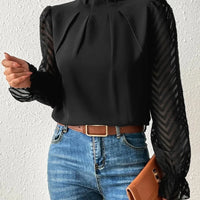 Elegant Blouse White Women's Shirt 2024 New Half High Neck Spliced Wave Pattern Chiffon Long sleeved Top Office Lady Natalia Home Fashion   black-L Natalia Home Fashion