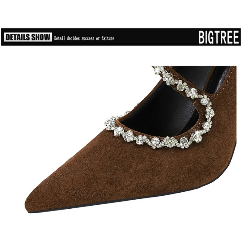 Banquet Pointed Toe High Heels Diamond Chain One-Strip Thin Heel Super High Heels Light Mouth Elegant Lace-Up