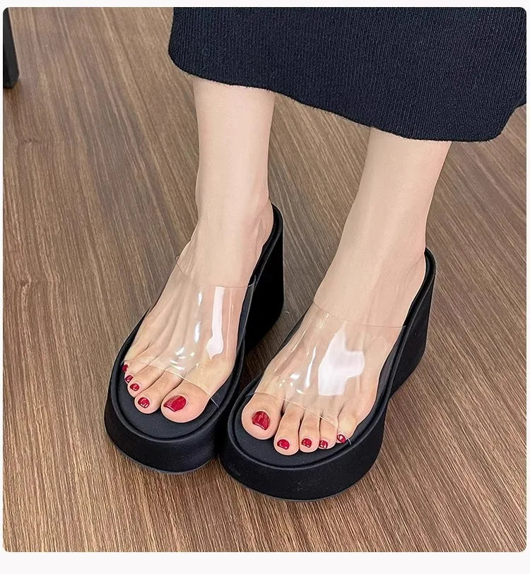 Thick Heel Platform Sandals Women's Summer Casual round Head PVC Material Beach Slippers Transparent Strap Casual Slip-On Shoes