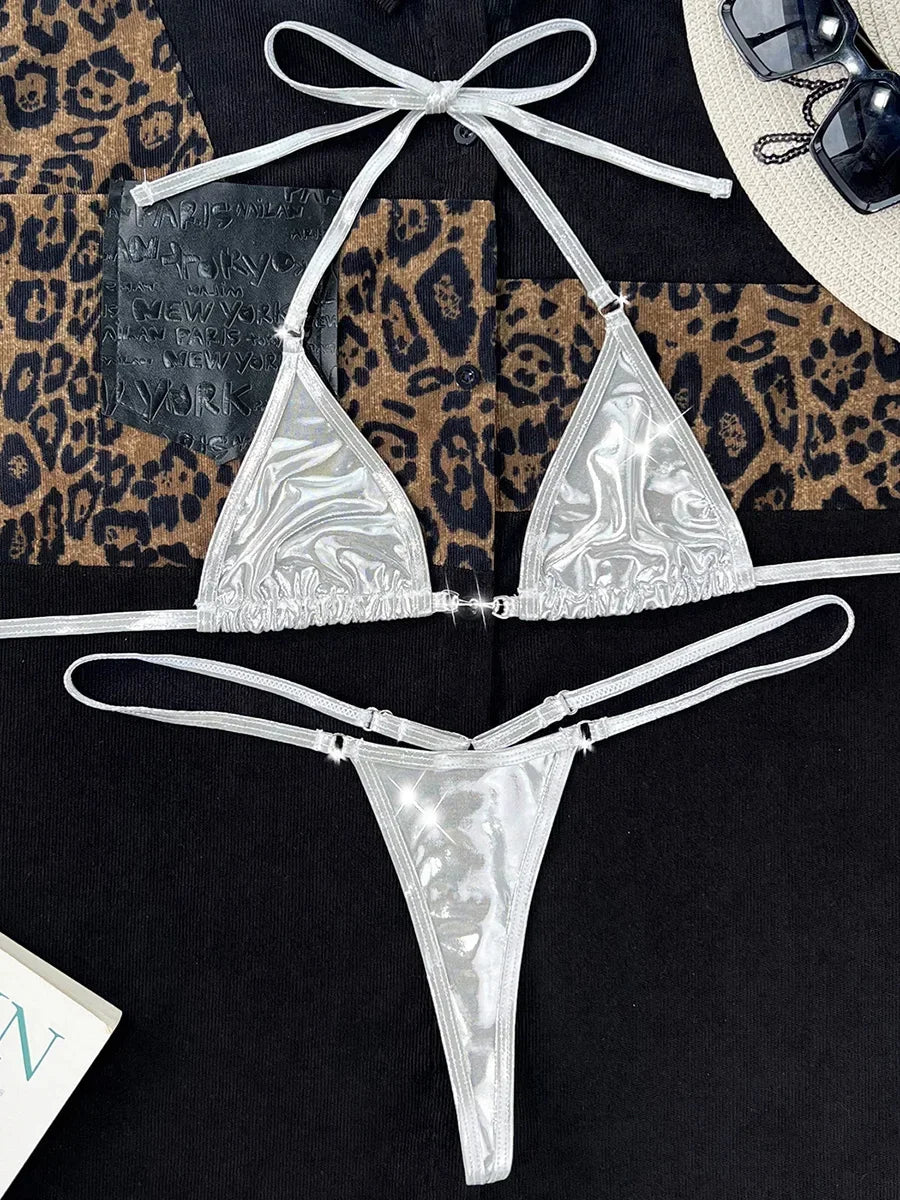 Shiny PU Leather Extreme Mini Micro String Bikini Female Swimsuit Women Swimwear Two-pieces Bikini set Halter Bathing Suit Swim