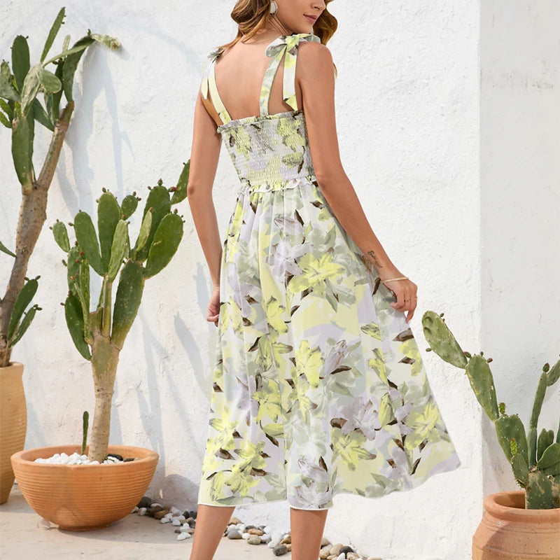 Women's Summer Beach Dress Female Strap Long Sundress Sexy Flower Print Backless Maxi Dresses Lady Casual Sleeveless Vestidos