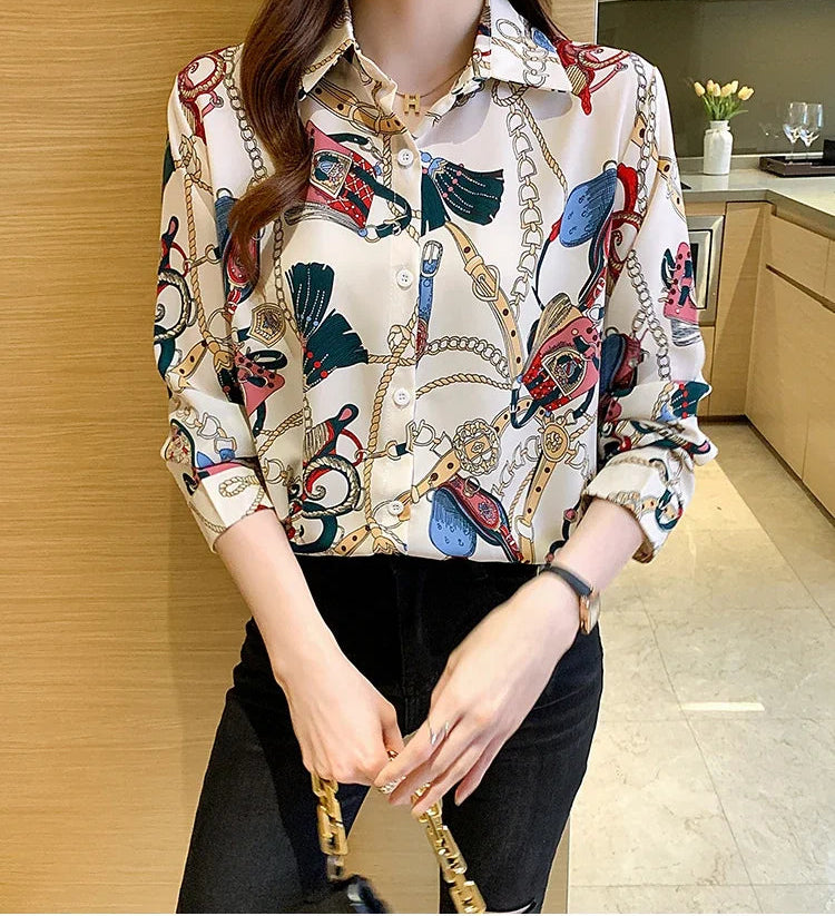 Fashion chain print ladies shirts Spring Women Blouses Long Sleeve Shirts Tops