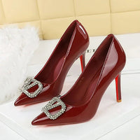 Banquet Pointed High Heels, Shallow Metal Rhinestone Thin Heel Patent Leather High Heels