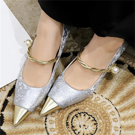 Metal Decoration Buckle Strap Women's Low Thin Heels Pumps Pointed Toe Wedding Party Shoes