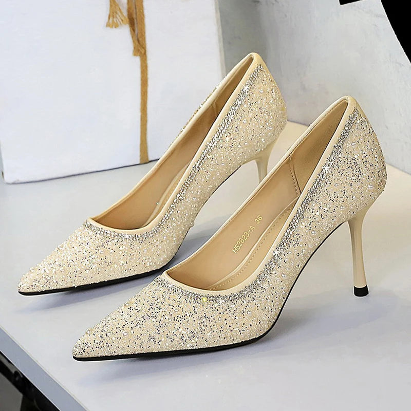 Fashion String Bead Women Pumps Elegant Ladies Thin Heels Wedding Dress Shoes - Natalia Home Fashion
