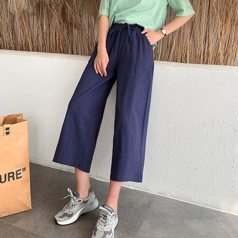 Casual Baggy Wide Leg Trousers Women Summer Thin Comfy Breathable Ankle Length Pants Vintage Loose Cotton Linen Straight Pants