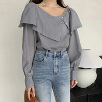 Irregular Ruffle Edge Exposed Single Shoulder Striped Shirts Women Chemise Femme Top Blouse