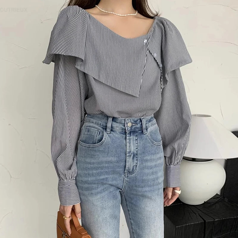 Irregular Ruffle Edge Exposed Single Shoulder Striped Shirts Women Chemise Femme Top Blouse