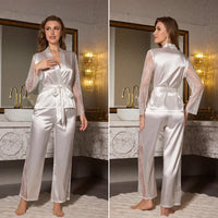 Sexy Lace Patchwork 2PCS Pajamas Set Loungewear Spring New Long Sleeve Trouser Pajamas Suit Loose Silky Home Clothes Lingerie