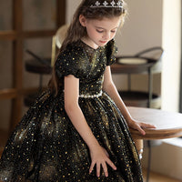 Starry Sky Dress For Girls Black Short Dress Holiday Party Birthday Fluffy Veil Dress