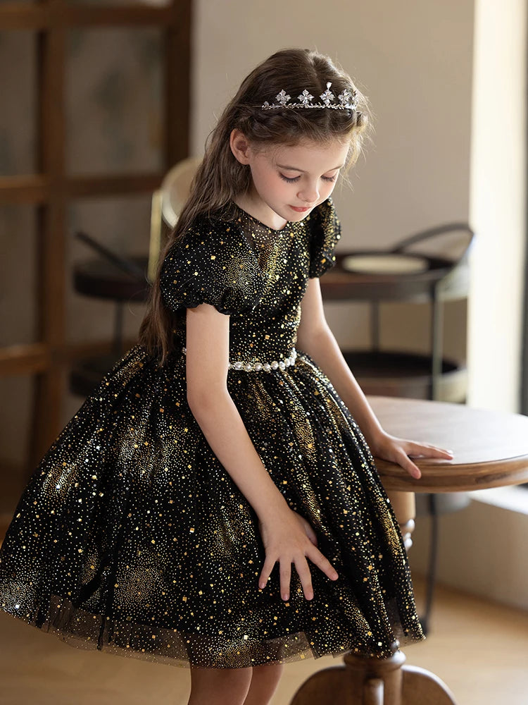 Starry Sky Dress For Girls Black Short Dress Holiday Party Birthday Fluffy Veil Dress