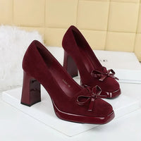 Chunky Block Heels Women Pumps Bow Decoration High Heels Square Headed Platform High Heels Suede Ladies Shoes