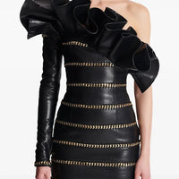 Elegant Socialite Fashion New Heavy Chain Three-Dimensional Ruffle Off-Shoulder Leather Dress Sexy Mini Dress