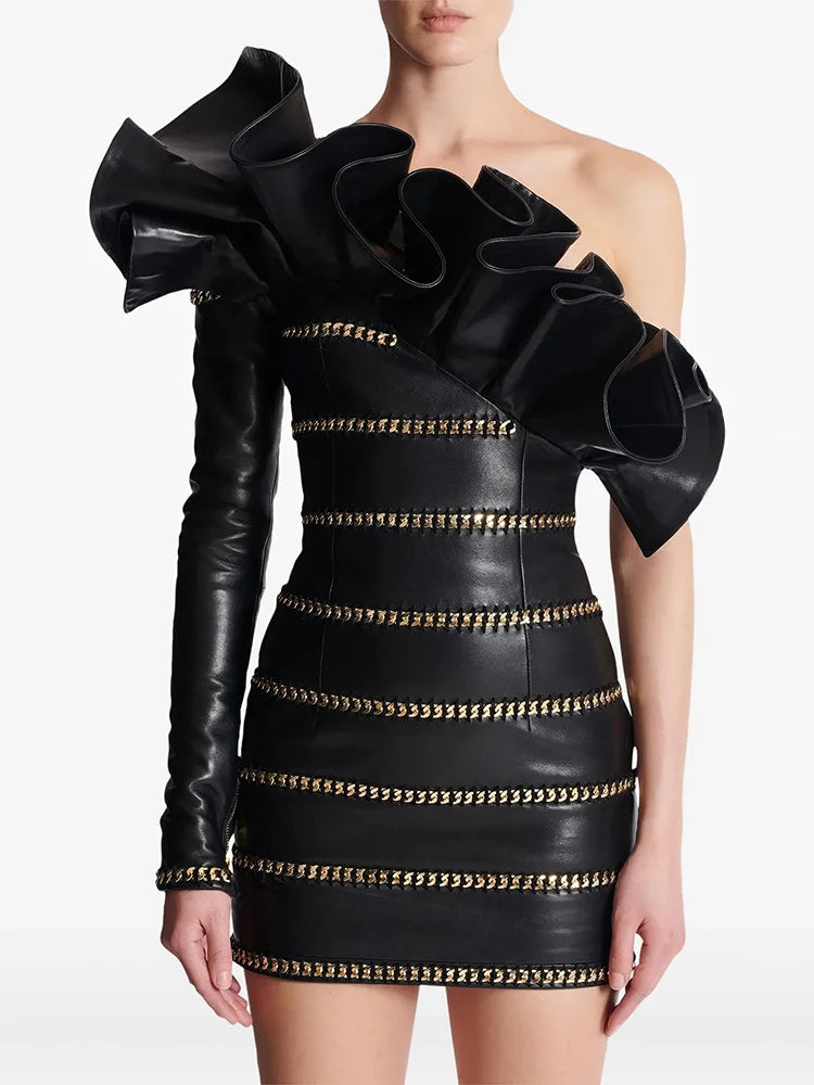 Elegant Socialite Fashion New Heavy Chain Three-Dimensional Ruffle Off-Shoulder Leather Dress Sexy Mini Dress