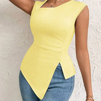 Spring Summer Elegant Stylish Daily Dating Casual Women's Sleeveless Tops Side Ruched Asymmetric Hem One-Shoulder Cut out