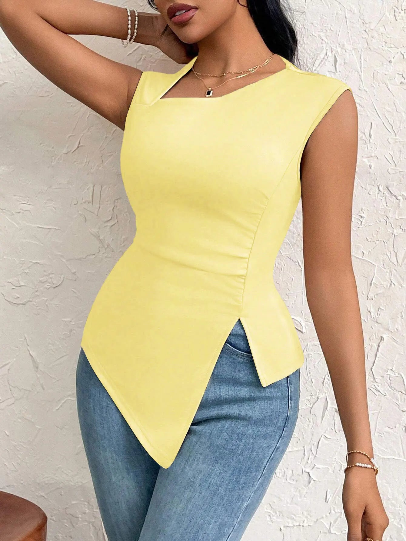 Spring Summer Elegant Stylish Daily Dating Casual Women's Sleeveless Tops Side Ruched Asymmetric Hem One-Shoulder Cut out