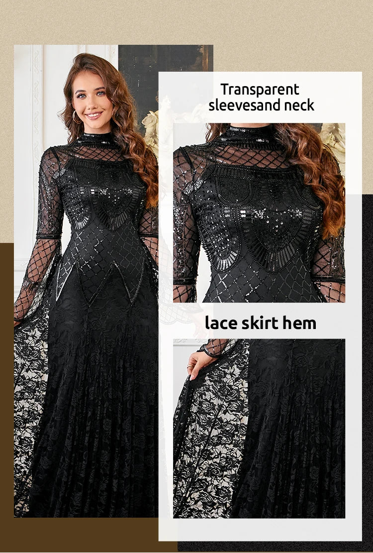 Black Lace Mermaid Elegant Evening Dress for Women High Neck Long Sleeve Sequins Party Dresses Prom Gowns Wedding