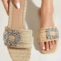 Semi Formal Fashion Square Headed Cane Knitted Flat Heels for Women Slippers Flat Bottom Crystal Sandals every day wear Slides Natalia Home Fashion    Natalia Home Fashion