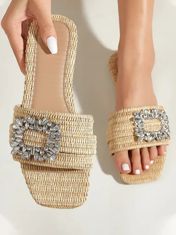 Semi Formal Fashion Square Headed Cane Knitted Flat Heels for Women Slippers Flat Bottom Crystal Sandals every day wear Slides Natalia Home Fashion    Natalia Home Fashion