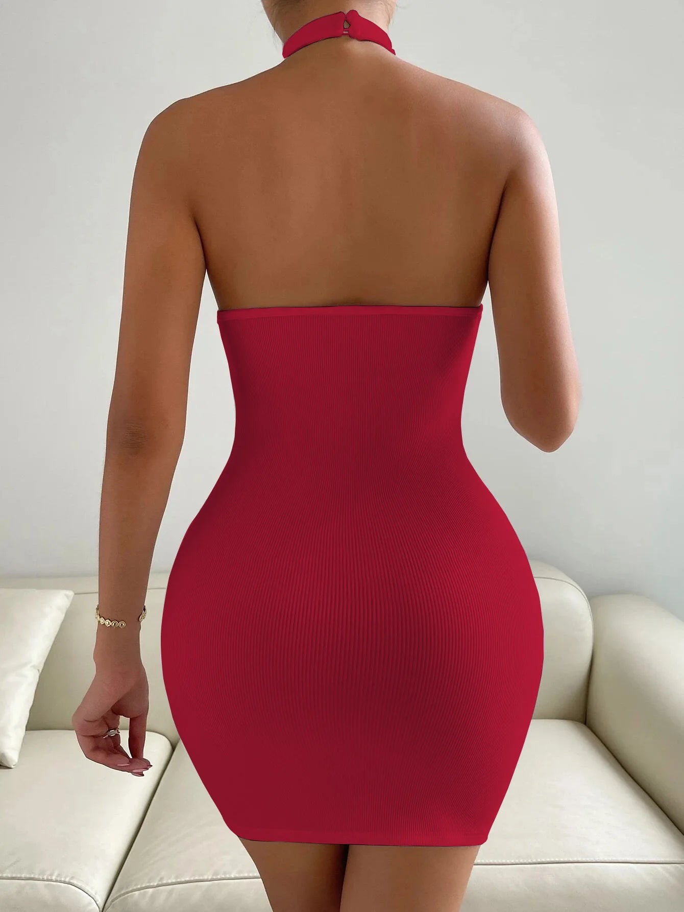 Women's sexy backless stand up collar sleeveless hip hugging dress