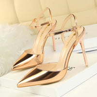 Women 10.5cm High Heels Sandals Lady Metallic Gray Patent Leather Stripper Ankle Strap Sandals Wedding Fetish Nightclub Shoes