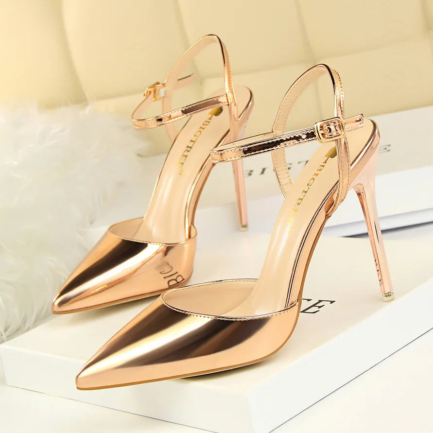 Women 10.5cm High Heels Sandals Lady Metallic Gray Patent Leather Stripper Ankle Strap Sandals Wedding Fetish Nightclub Shoes
