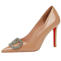 Banquet Pointed High Heels, Shallow Metal Rhinestone Thin Heel Patent Leather High Heels