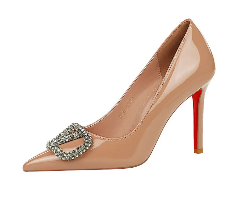 Banquet Pointed High Heels, Shallow Metal Rhinestone Thin Heel Patent Leather High Heels