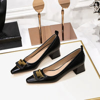 Professional Women's Shoes With Shallow Mouth Small Square Toe Metal Buckle 4.5CM Thick Heel Shoes