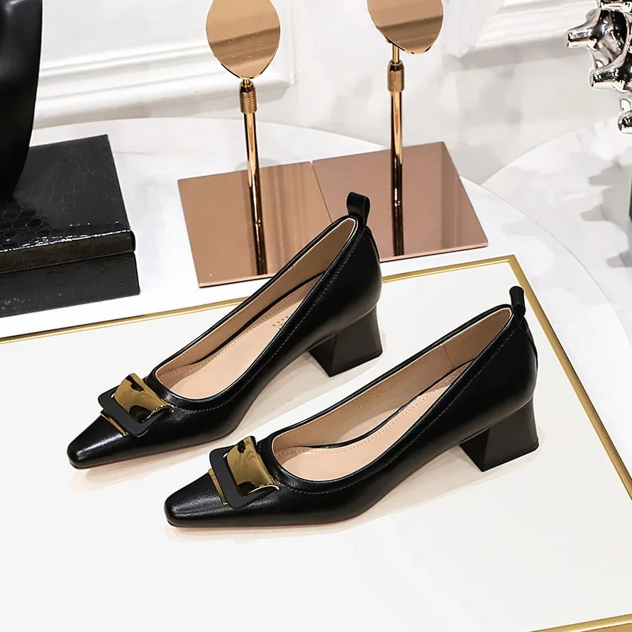 Professional Women's Shoes With Shallow Mouth Small Square Toe Metal Buckle 4.5CM Thick Heel Shoes