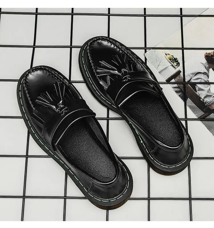 British Style Loafers Casual Round Toe Tassel Women's Leather Low Top Shoes Fashionable Slip-On Shoes