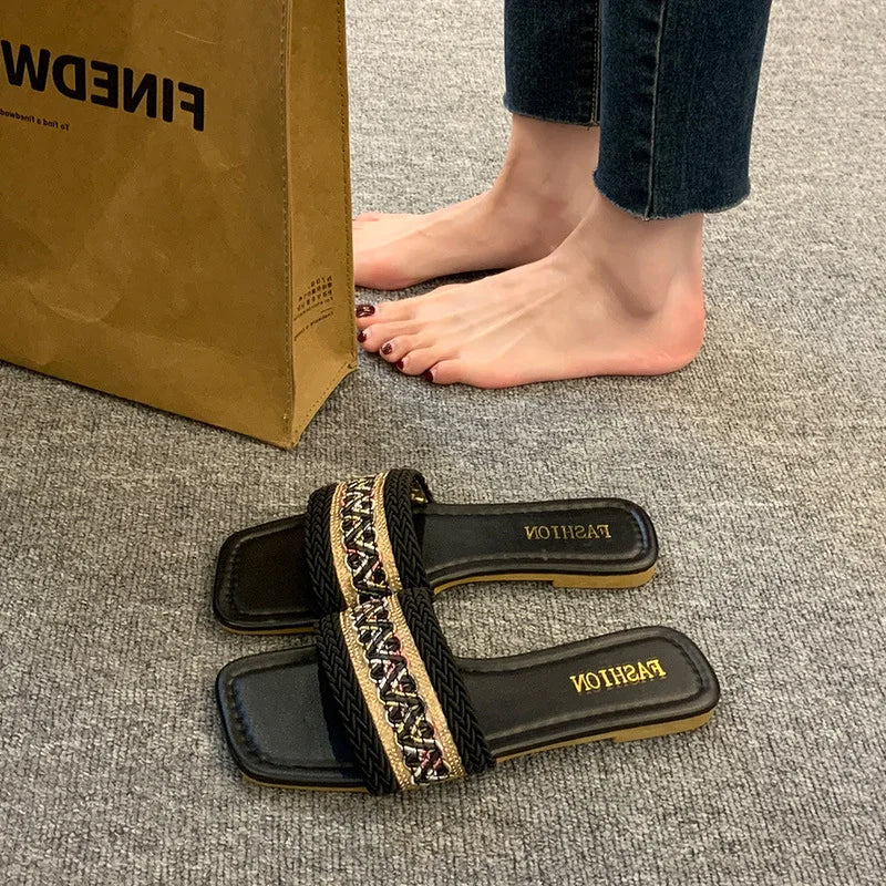 Fashion Women's Slippers Versatile Straw Woven Retro Flat Sandals Ethnic Casual Classic Flip Flops