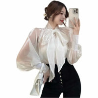 Style Shirt Female Bow Tie Collar Retro Bubble Long-Sleeved Elegant Blouse Women translucent
