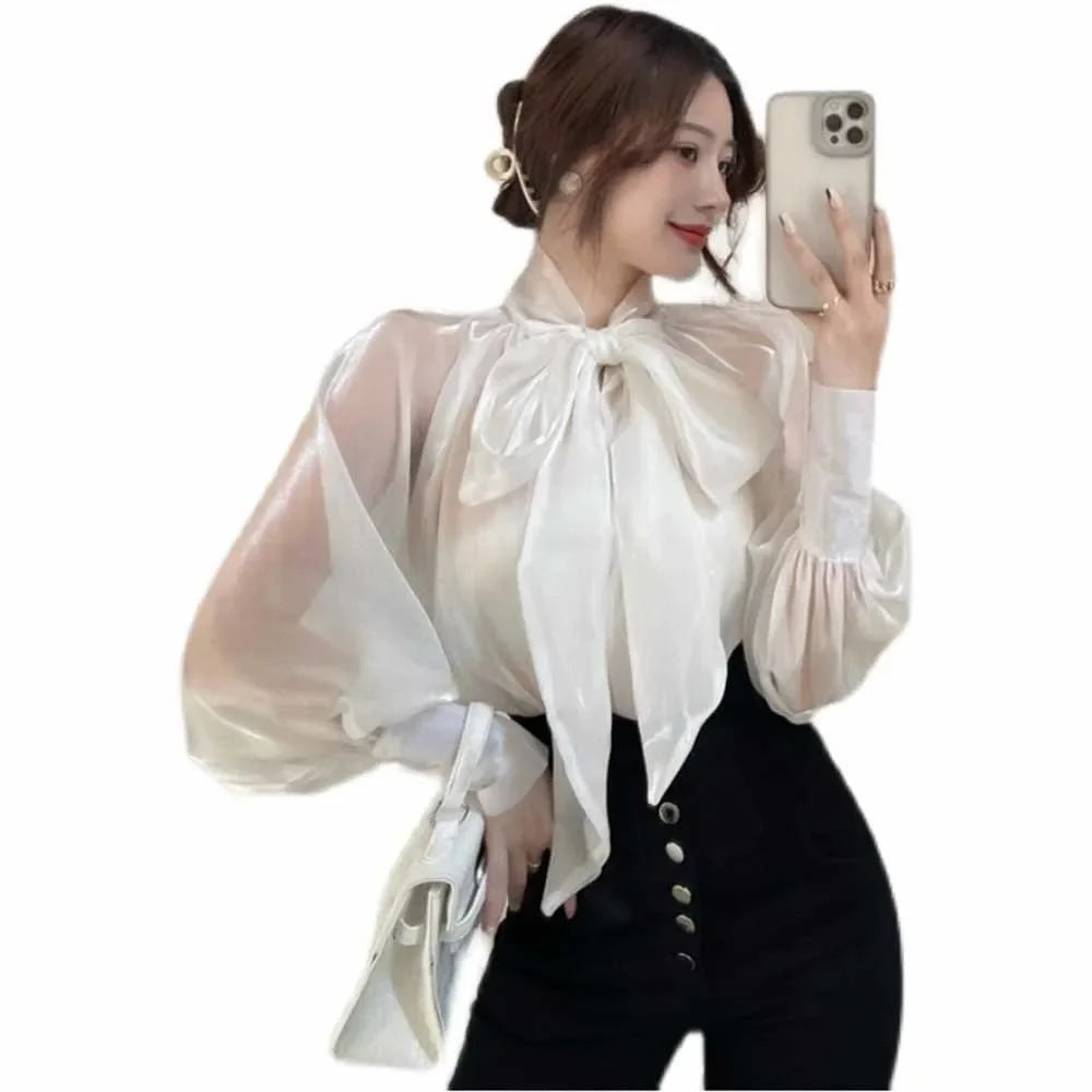 Style Shirt Female Bow Tie Collar Retro Bubble Long-Sleeved Elegant Blouse Women translucent