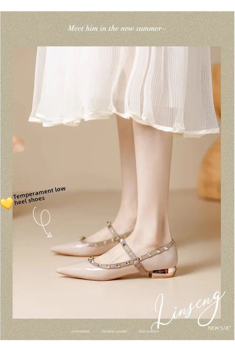 Elegant French Style Cropped Studded Flat Bottom Sandals Women's Summer Tweed Pattern Medial Vacancy Pointe Roman Design