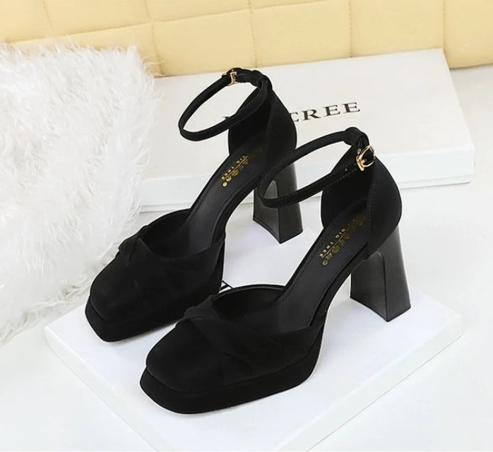 One-Strip Ultra-High Heel Sandals Platform Thick Heel Bow Women Shoes Square Toe Shallow Mouth Hollow Shoes