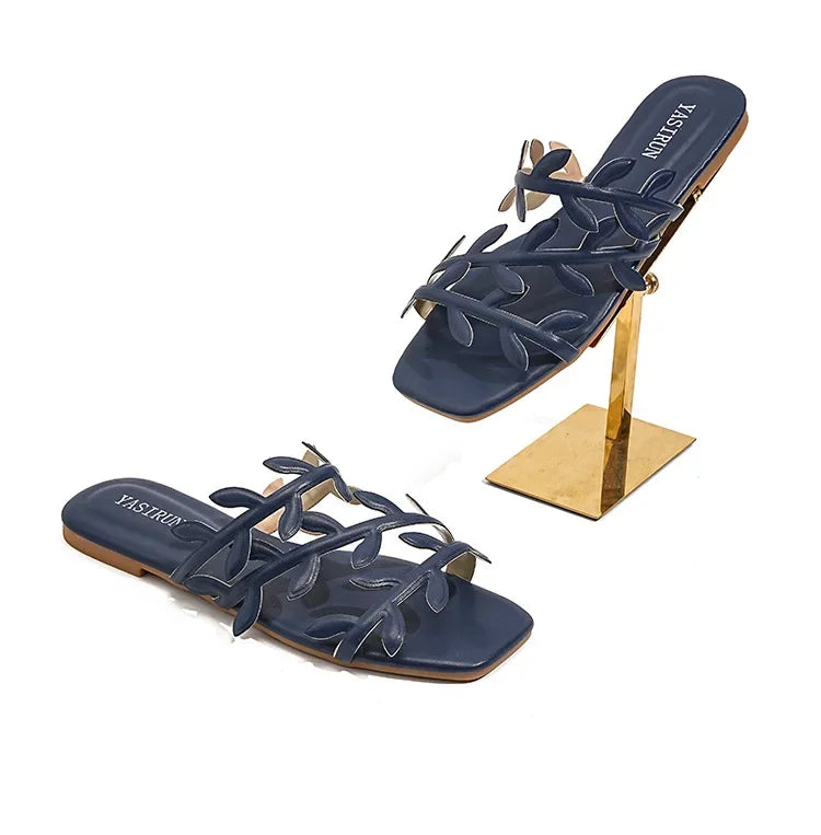 Leaf Pattern Women's Sandals Outdoor Wear New Style Beach Flat Bottom Slip-On Holiday Comfortable Breathable Flats