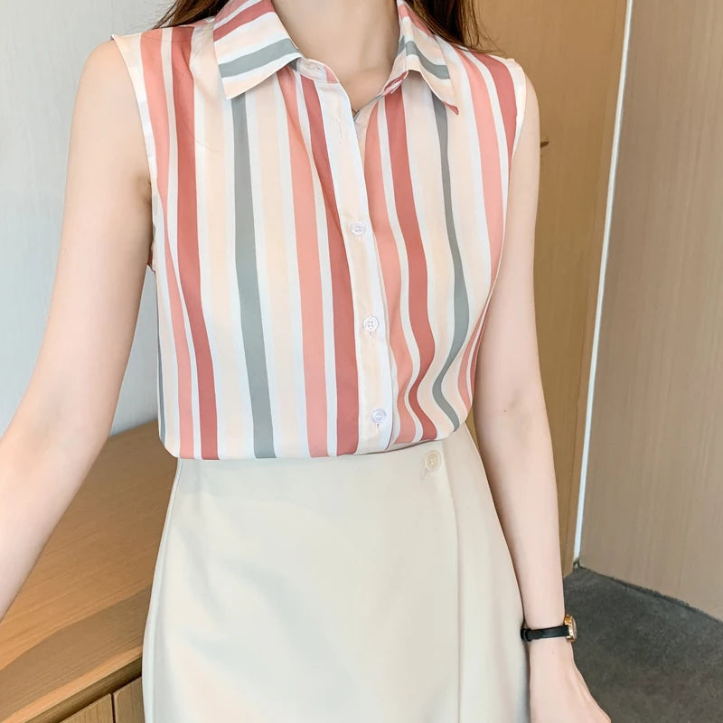 Stripe Women Blouse Casual Shirts Summer Female Clothing Sleeveless  Elegant and Youth Woman Blouses Basic Shirts and Blouses
