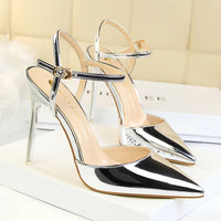 Women 10.5cm High Heels Sandals Lady Metallic Gray Patent Leather Stripper Ankle Strap Sandals Wedding Fetish Nightclub Shoes
