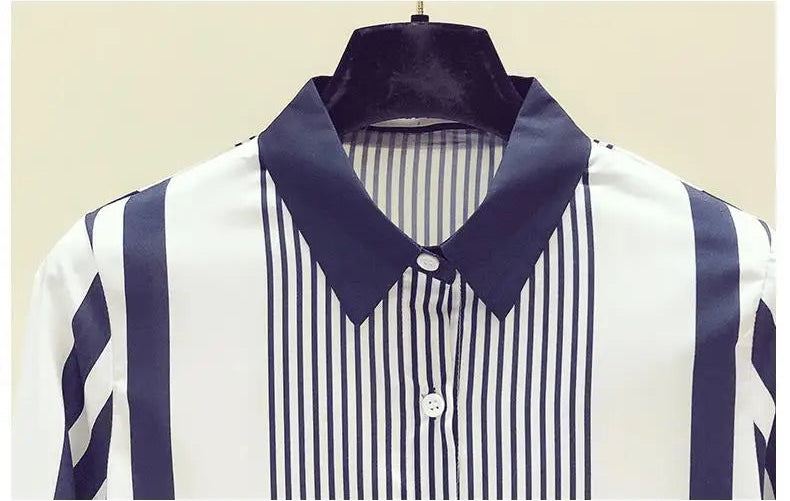 Office Lady Turn-down Collar Straight Loose Button Dress Shirts Blue Striped Long Sleeve Blouses Spring Thin Women's Clothing
