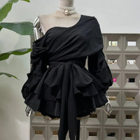 Women's Asymmetric Off-Shoulder Crop-Top Irregular Bow-Waist Puff-Sleeve Party Evening Top
