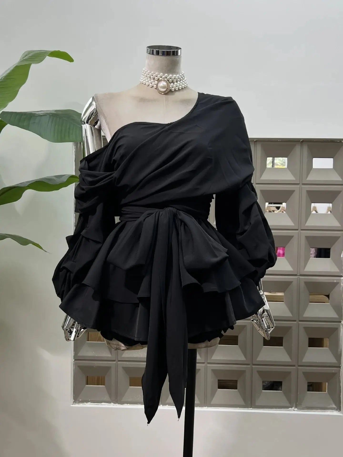 Women's Asymmetric Off-Shoulder Crop-Top Irregular Bow-Waist Puff-Sleeve Party Evening Top