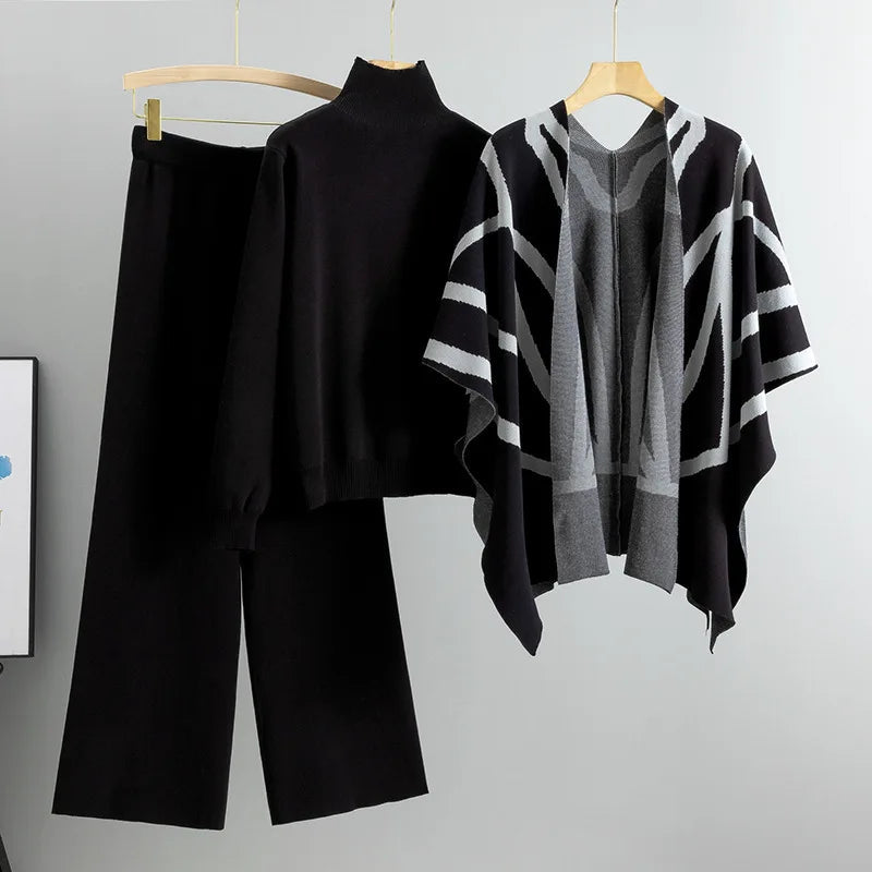 2025 Casual Suit Women's Autumn and Winter New Temperament Lazy Wind Knitted Sweater Shawl Cape Wide-leg Pants Three-piece Set Natalia Home Fashion    Natalia Home Fashion