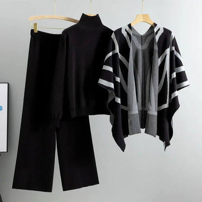 2025 Casual Suit Women's Autumn and Winter New Temperament Lazy Wind Knitted Sweater Shawl Cape Wide-leg Pants Three-piece Set Natalia Home Fashion    Natalia Home Fashion
