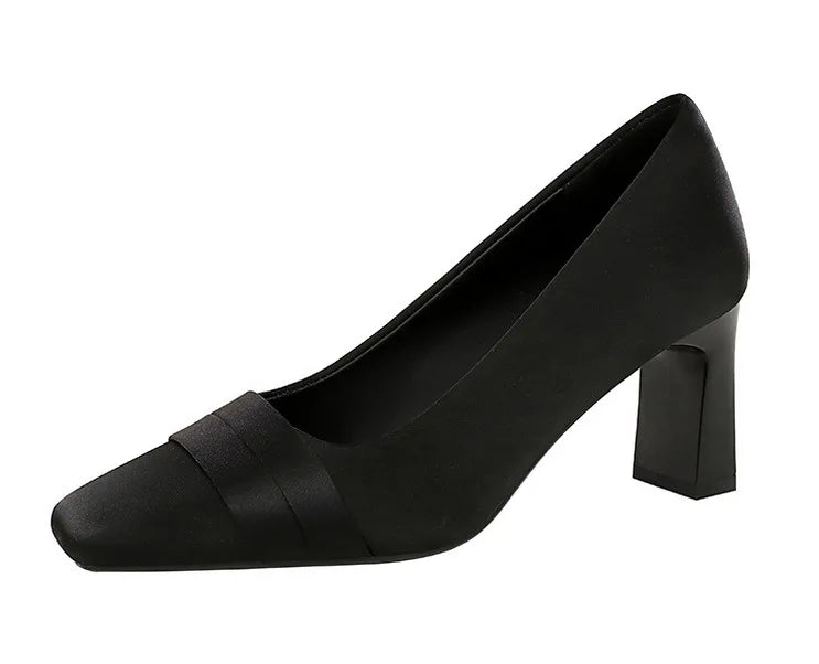 Elegant Satin High Heels Square Toe Slip-On Chunky Heel Comfortable Women's Shoes for Party Fashion Footwear Summer Autumn