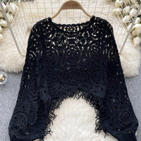 Casual Loose Knitting Top O Neck Hook Flower Hollow Long Sleeved Tassel Design Fashion French Vintage Blouse