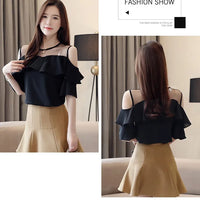 Loose Women's Chiffon Shirt round Neck Pure Color Mesh Five Sleeve Transparent Top Fashionable Small Shirt