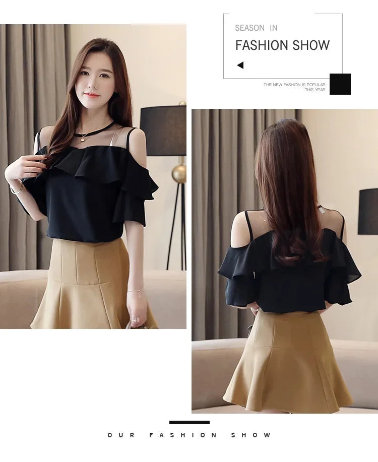 Loose Women's Chiffon Shirt round Neck Pure Color Mesh Five Sleeve Transparent Top Fashionable Small Shirt